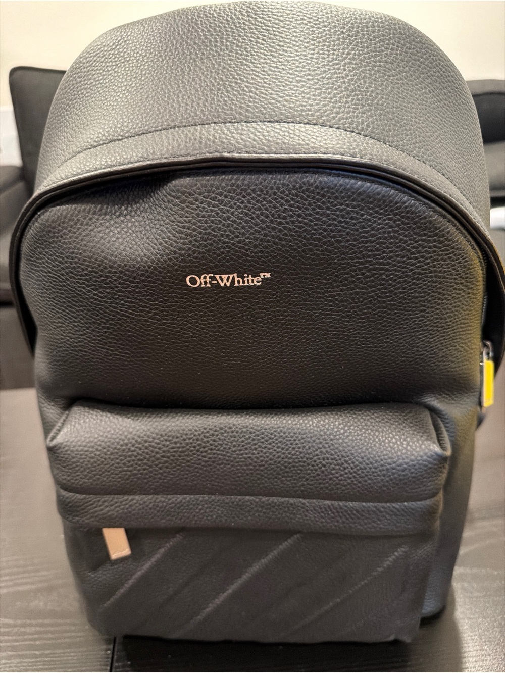 Off-White Black Textured Leather Mini Backpack with Gold Logo